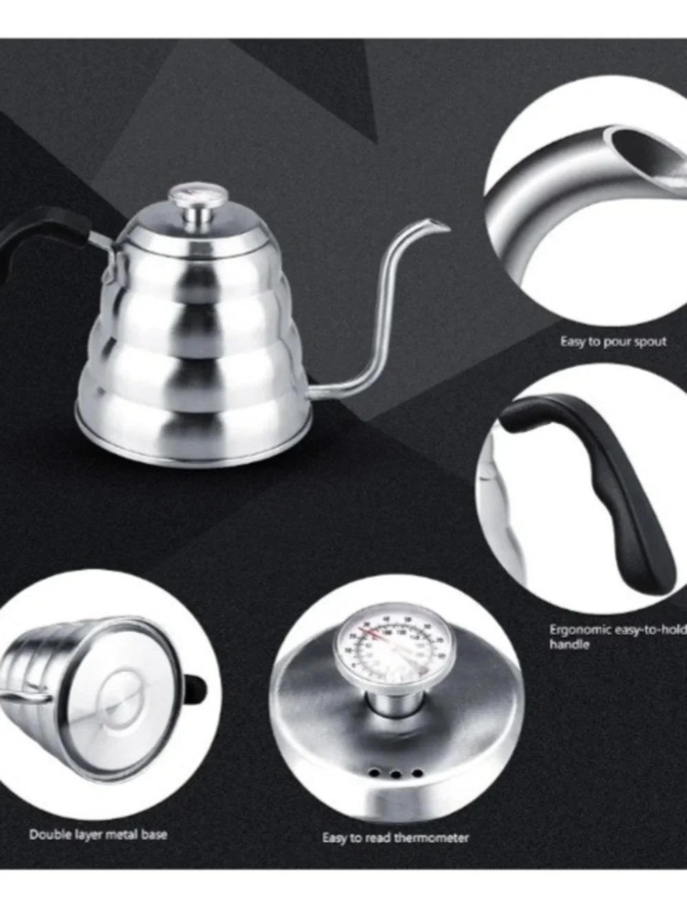 Gooseneck Pour-Over Kettle with Thermometer - Silver Stainless Steel